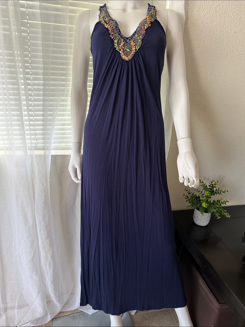 Romeo & Juliet Couture Navy Maxi Dress with Multicolor Beaded V-Neck - Picture 3 of 14